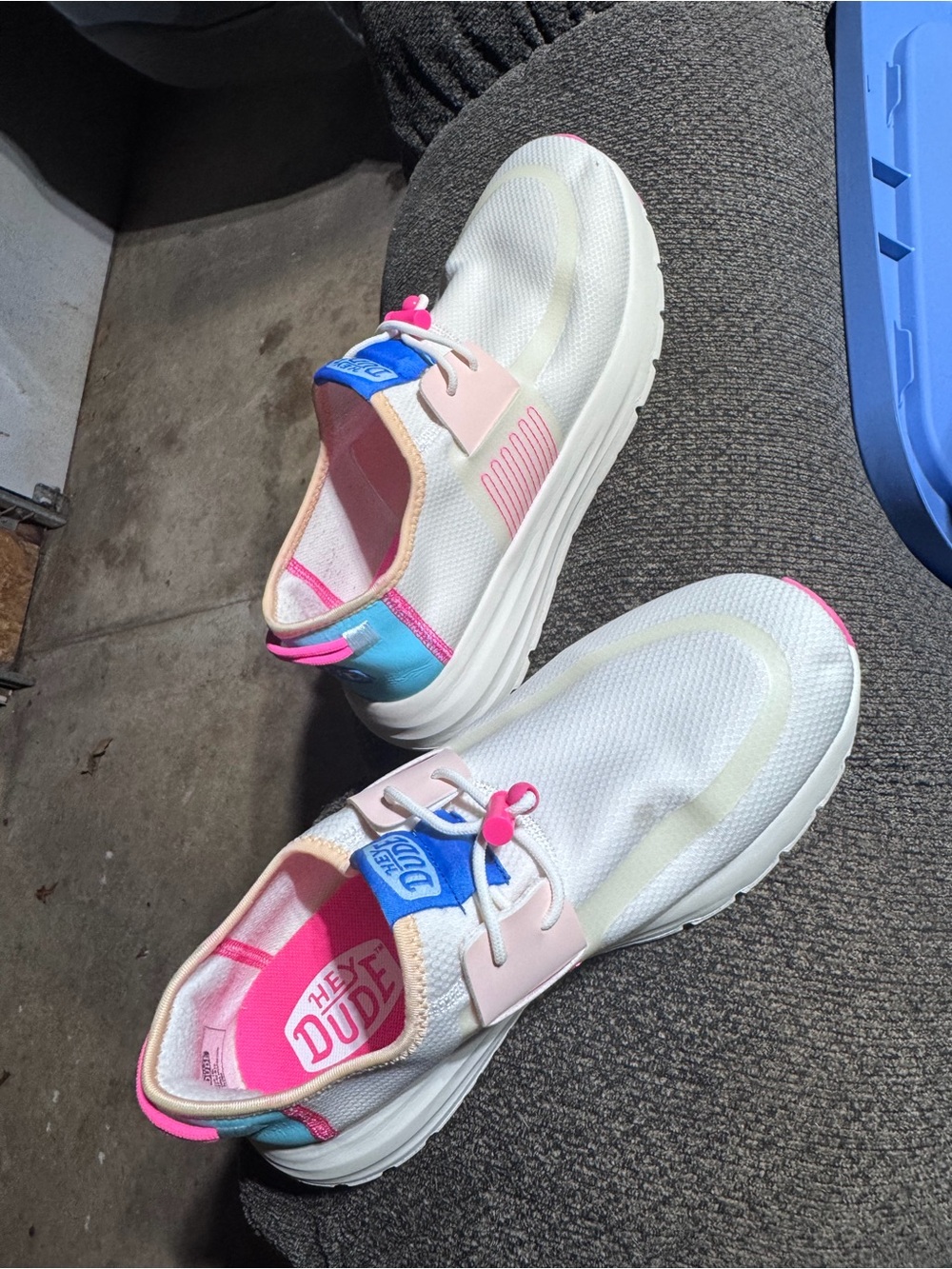 Hey Dude White Slip-On Sneakers with Pink and Blue Accents